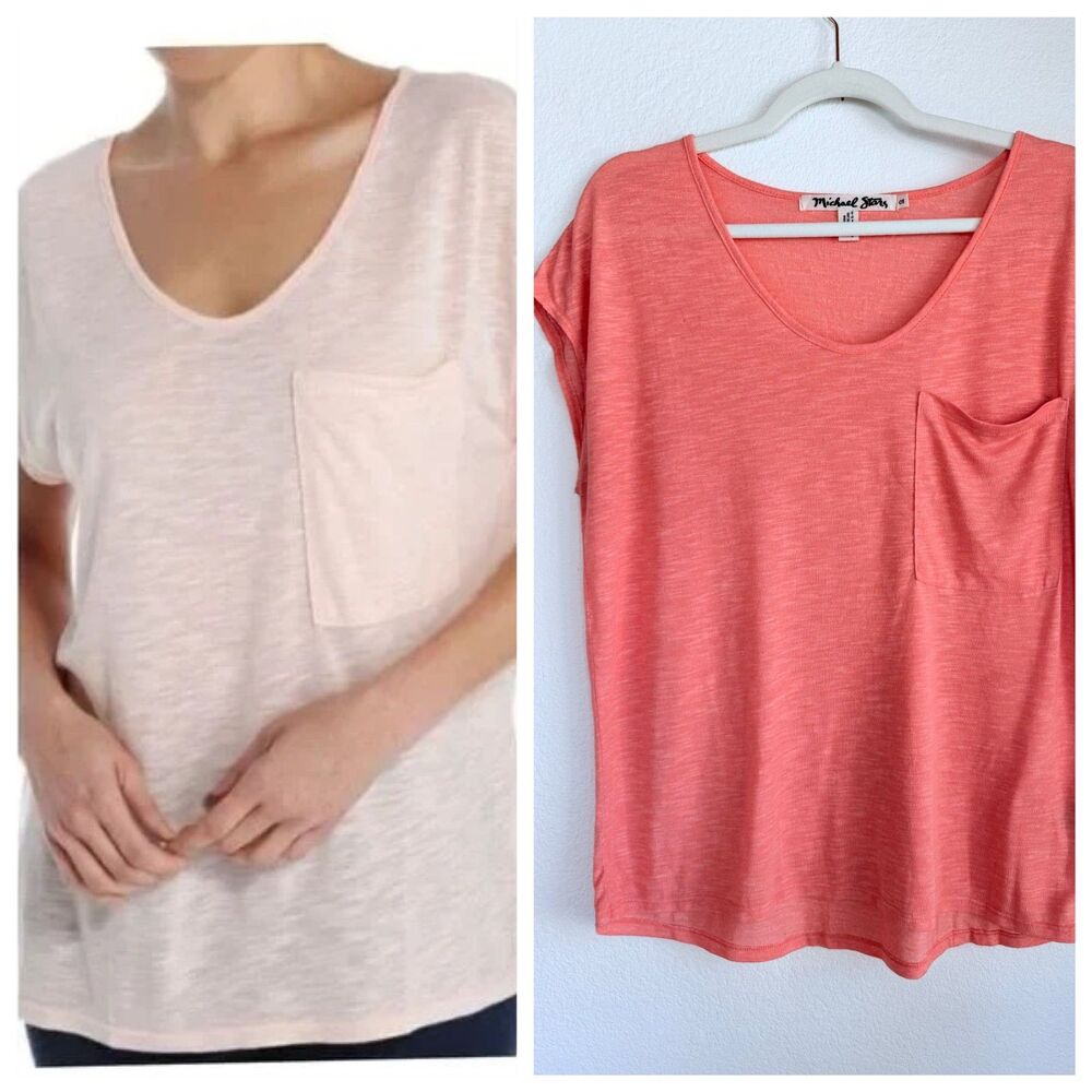Anthropologie Michael Stars Scoop Neck Cap Sleeve Pocket Tee Coral Pink Heather